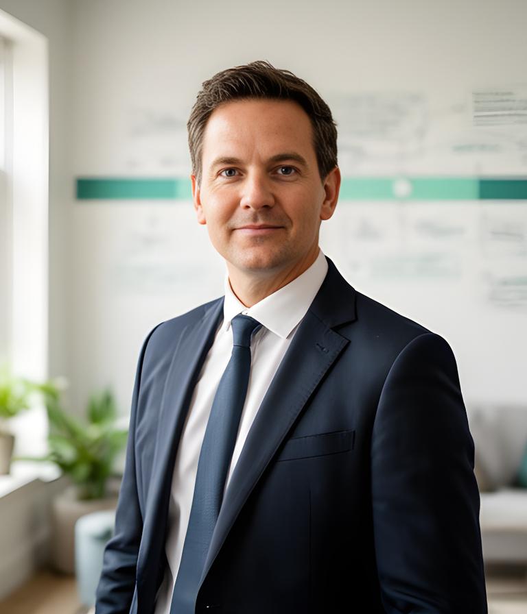 Founder standing in a bright Dublin advisory office beside a timeline wall and business case notes