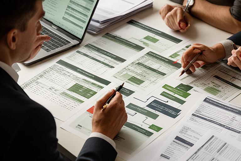 Adviser and entrepreneur discussing tax planning with valuation schedules and holding structure diagrams on a desk