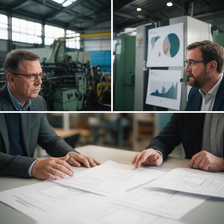 Engineering leadership team in Galway reviewing a buy-out proposal beside machinery plans and funding documents