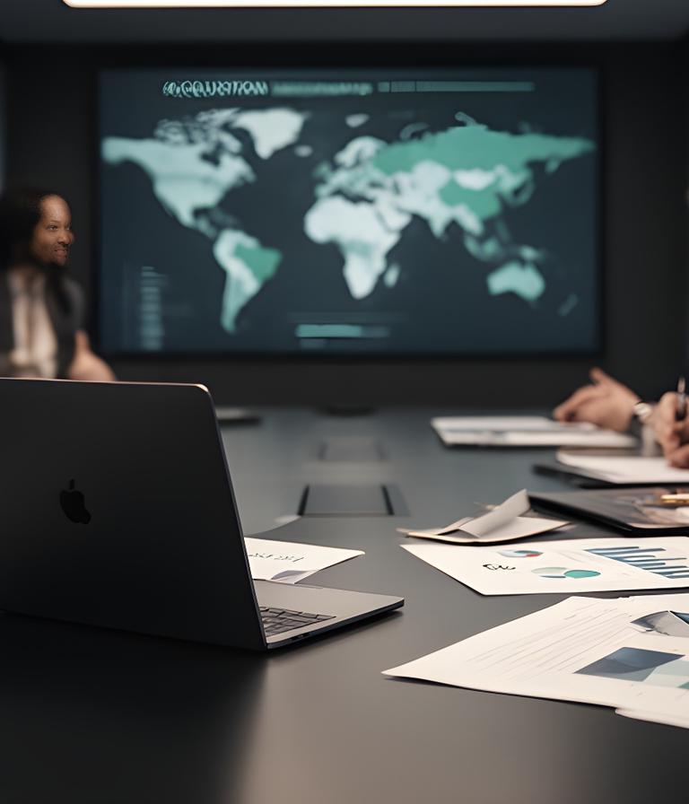 Advisory meeting in a Dublin boardroom with an acquisition map, deal notes, and a laptop showing target screening