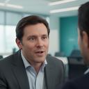 Founder speaking with an advisor beside financial documents in a modern meeting room
